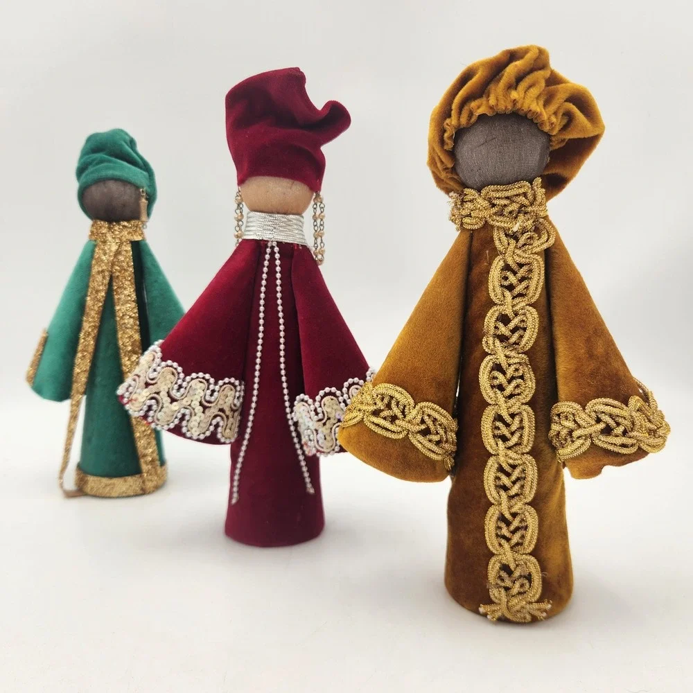 Handmade Vintage Velvet Three Wise Men  Upcycled Thread Cone Figures Atlantic